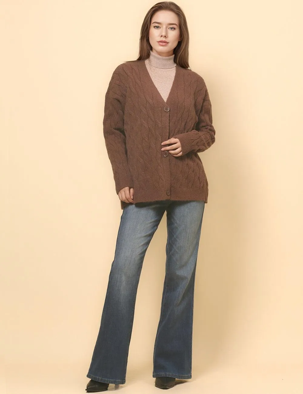 Ladies Solid Color Cable Knit Botton Cardigan SKT4811