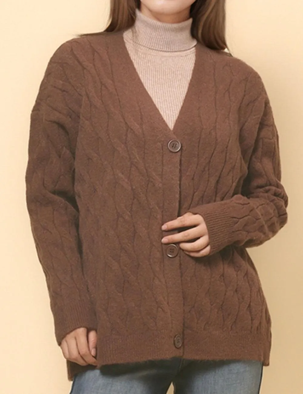 Ladies Solid Color Cable Knit Botton Cardigan SKT4811