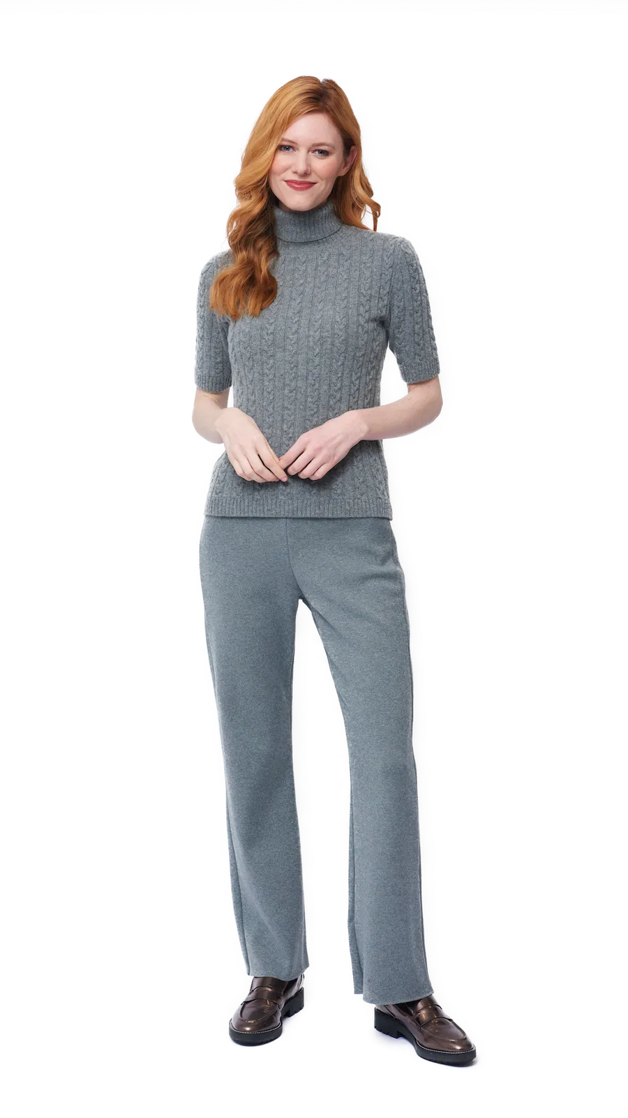 Lea Short Sleeved Cable-Knit Turtleneck, Gray