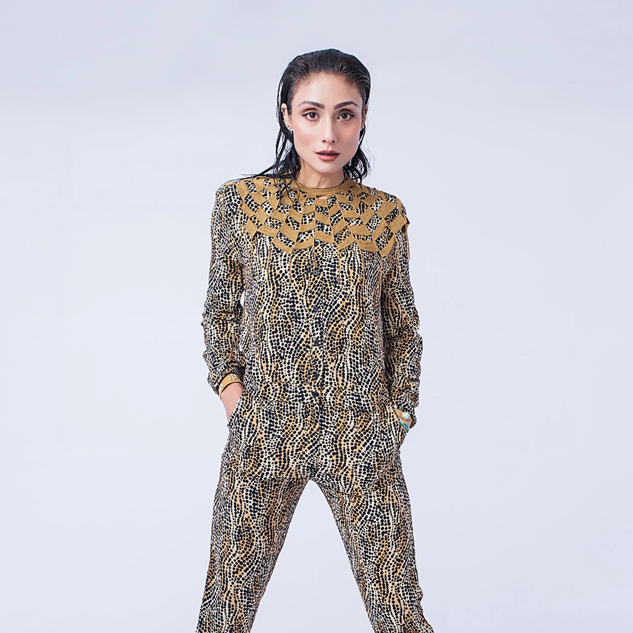 Leopard Print Long Sleeves Jumpsuit