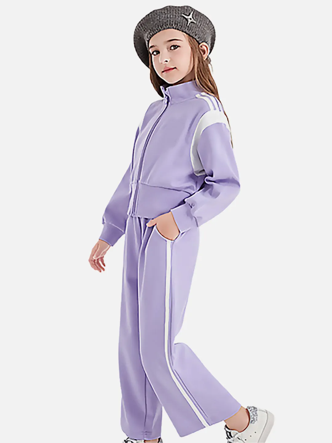 Little Surprise Box, Casual Lilac & White Stripes 2Pcs Track Suit Set For Kids & Tweens