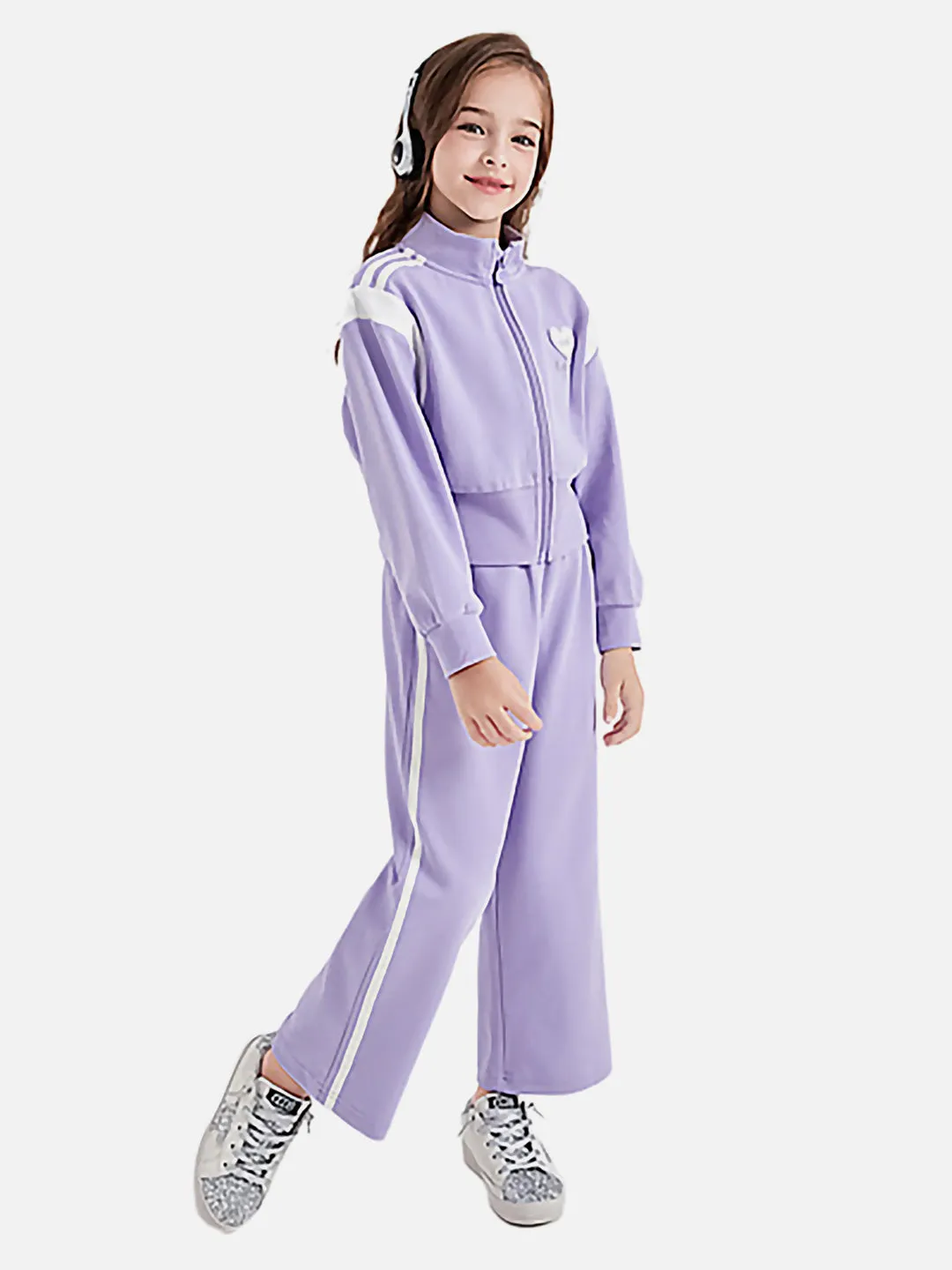 Little Surprise Box, Casual Lilac & White Stripes 2Pcs Track Suit Set For Kids & Tweens