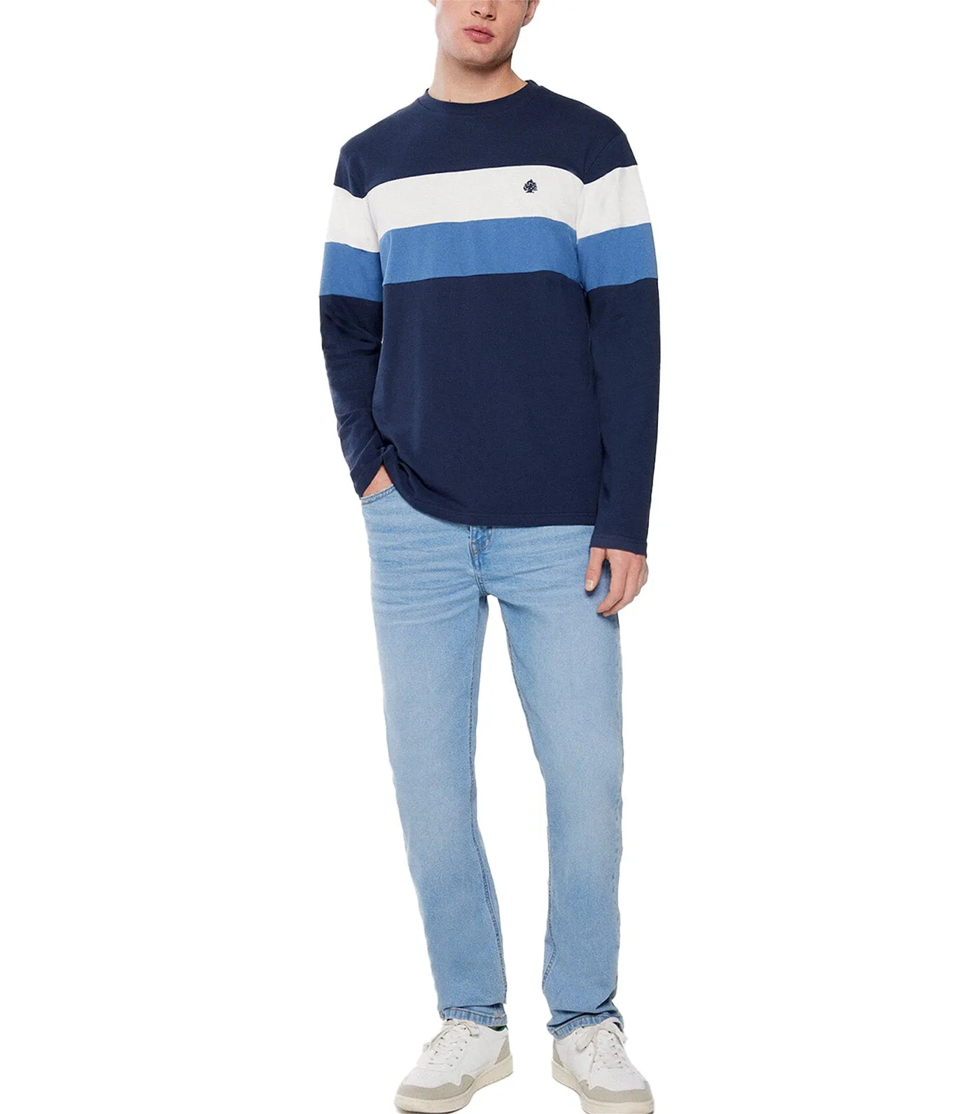 Long Sleeve Piqué T-Shirt with Cuts Dark Blue
