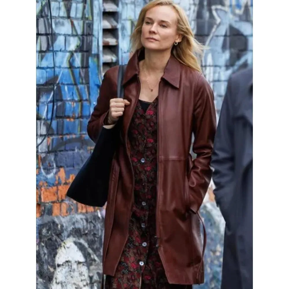 Longing Diane Kruger Brown Leather Coat