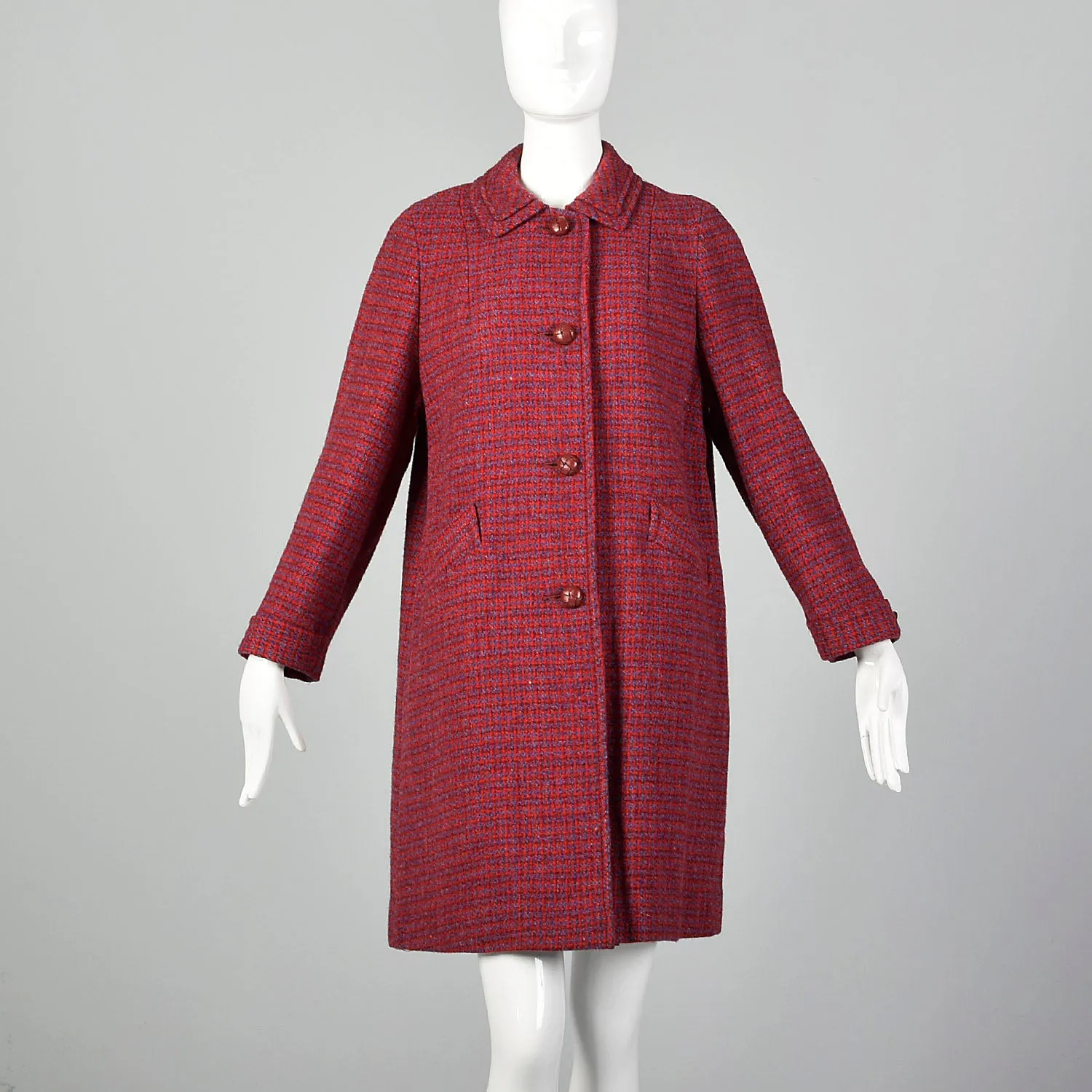 Medium 1960s Red and Blue Scottish Wool Tweed Coat