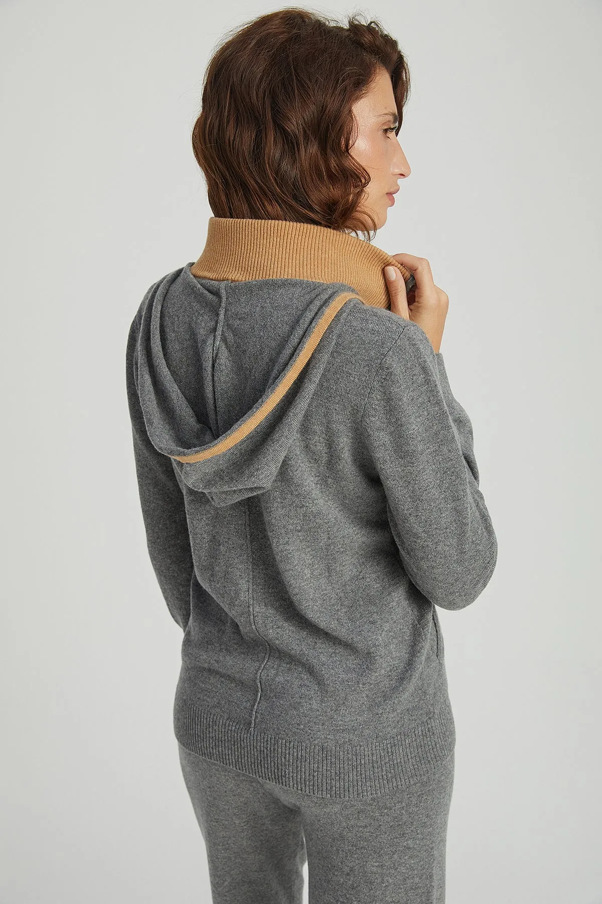 M.Grey Melange Laura Wool Cashmere High Collar Hooded Cardigan