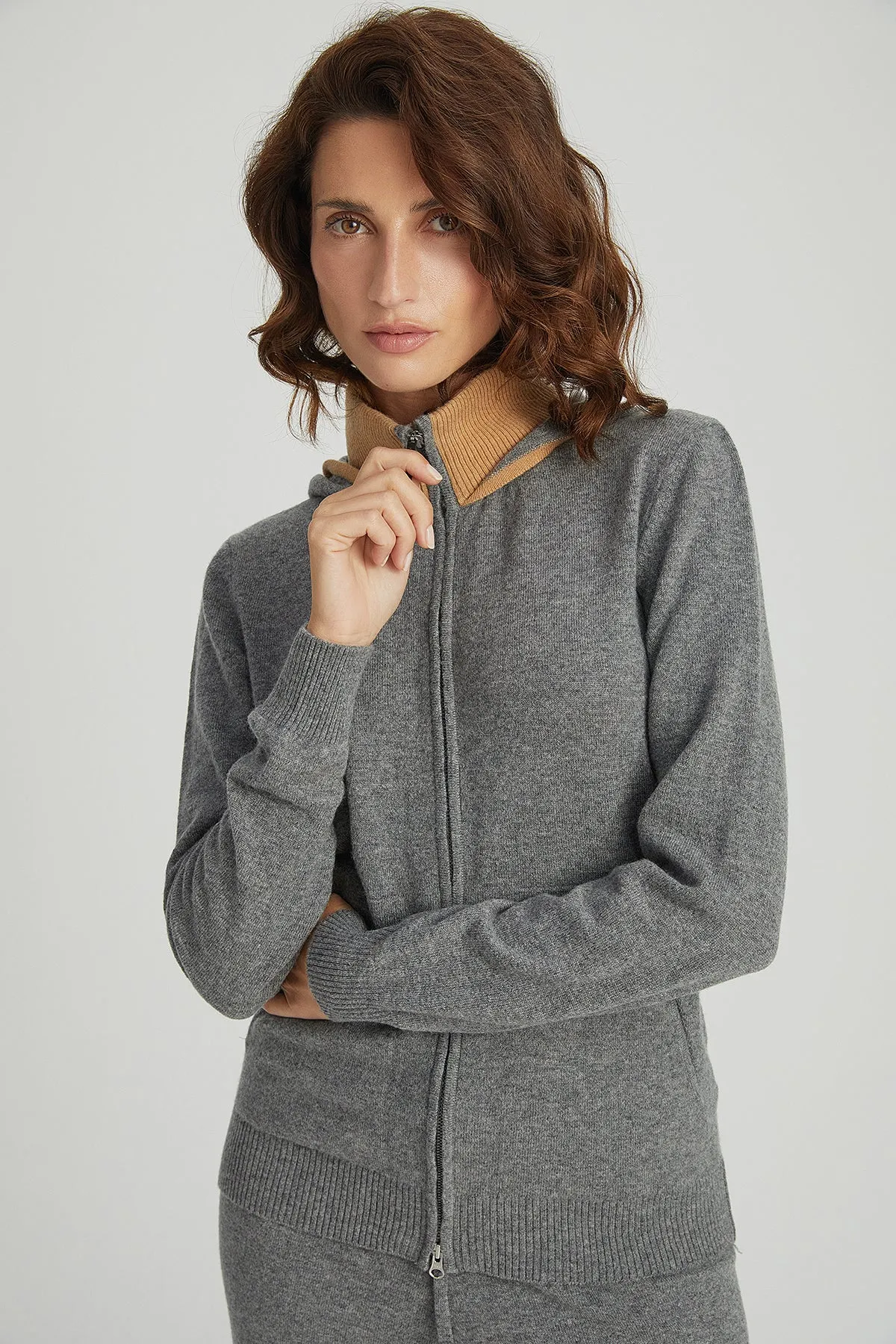 M.Grey Melange Laura Wool Cashmere High Collar Hooded Cardigan