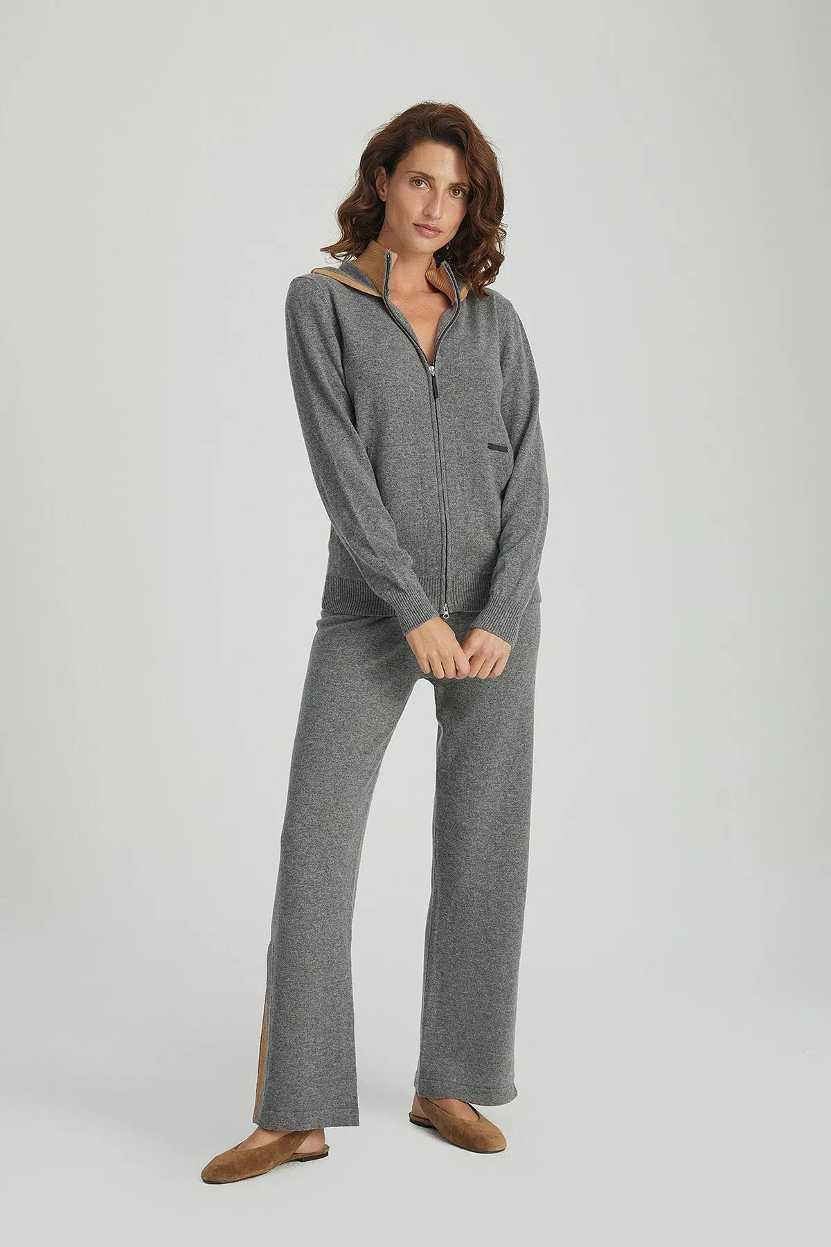 M.Grey Melange Laura Wool Cashmere High Collar Hooded Cardigan