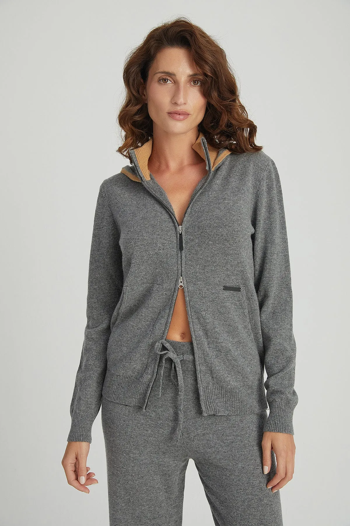 M.Grey Melange Laura Wool Cashmere High Collar Hooded Cardigan