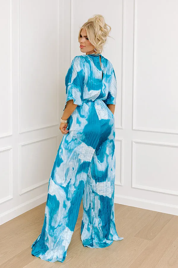 Miami Date Night Pleated Jumpsuit in Blue Curves