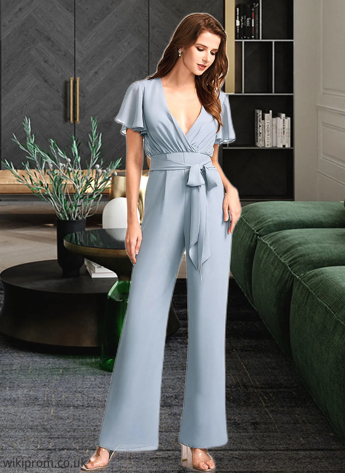 Michaelia Jumpsuit/Pantsuit V-neck Floor-Length Bridesmaid Dress With Ruffle SWKP0012837