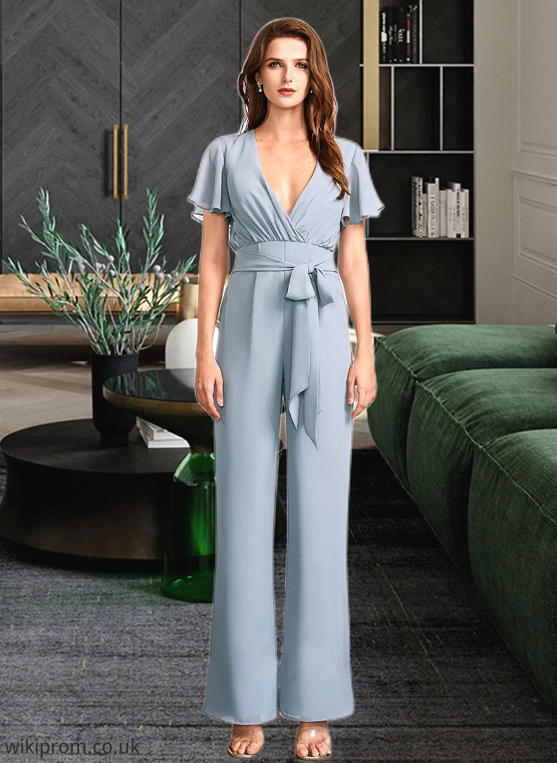 Michaelia Jumpsuit/Pantsuit V-neck Floor-Length Bridesmaid Dress With Ruffle SWKP0012837