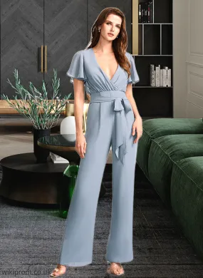 Michaelia Jumpsuit/Pantsuit V-neck Floor-Length Bridesmaid Dress With Ruffle SWKP0012837