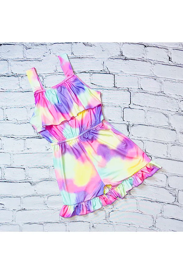 Multicolor tie dye ruffle girls jumpsuit DLH2473