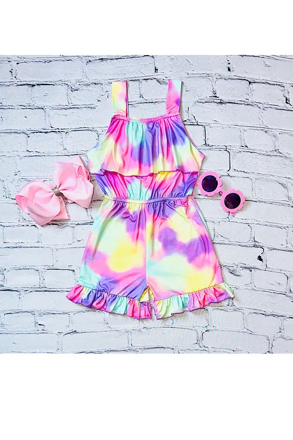 Multicolor tie dye ruffle girls jumpsuit DLH2473