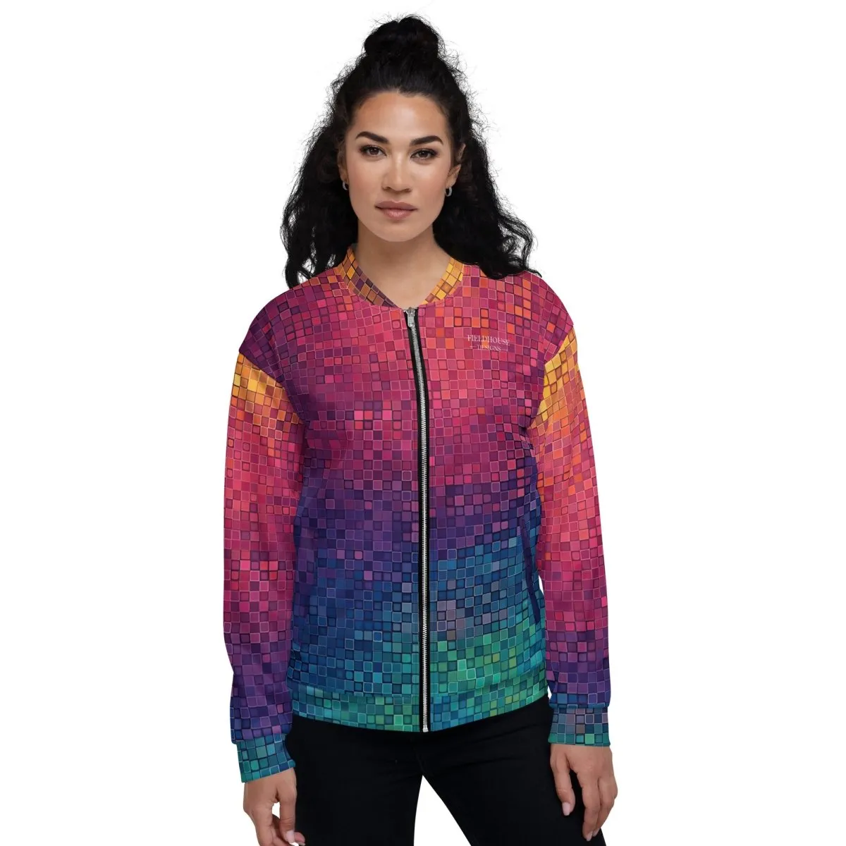 Neon Pixel Design All-Over Print Bomber JacketPixelated Skeleton Graphic Bomber Jacket – Bold Statement Streetwear