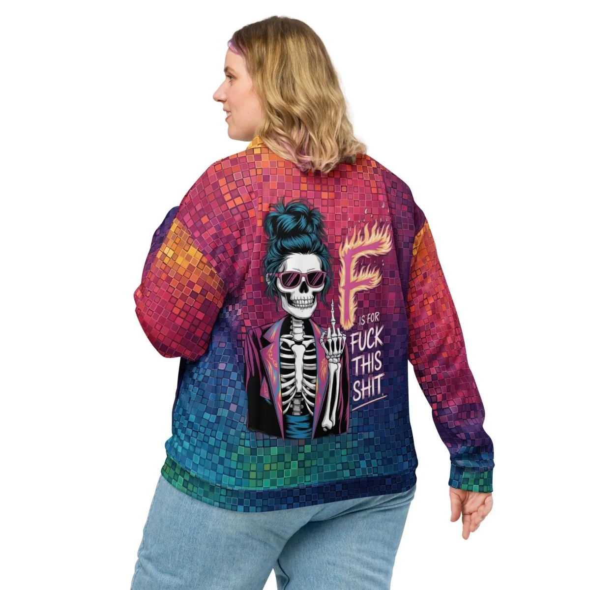 Neon Pixel Design All-Over Print Bomber JacketPixelated Skeleton Graphic Bomber Jacket – Bold Statement Streetwear