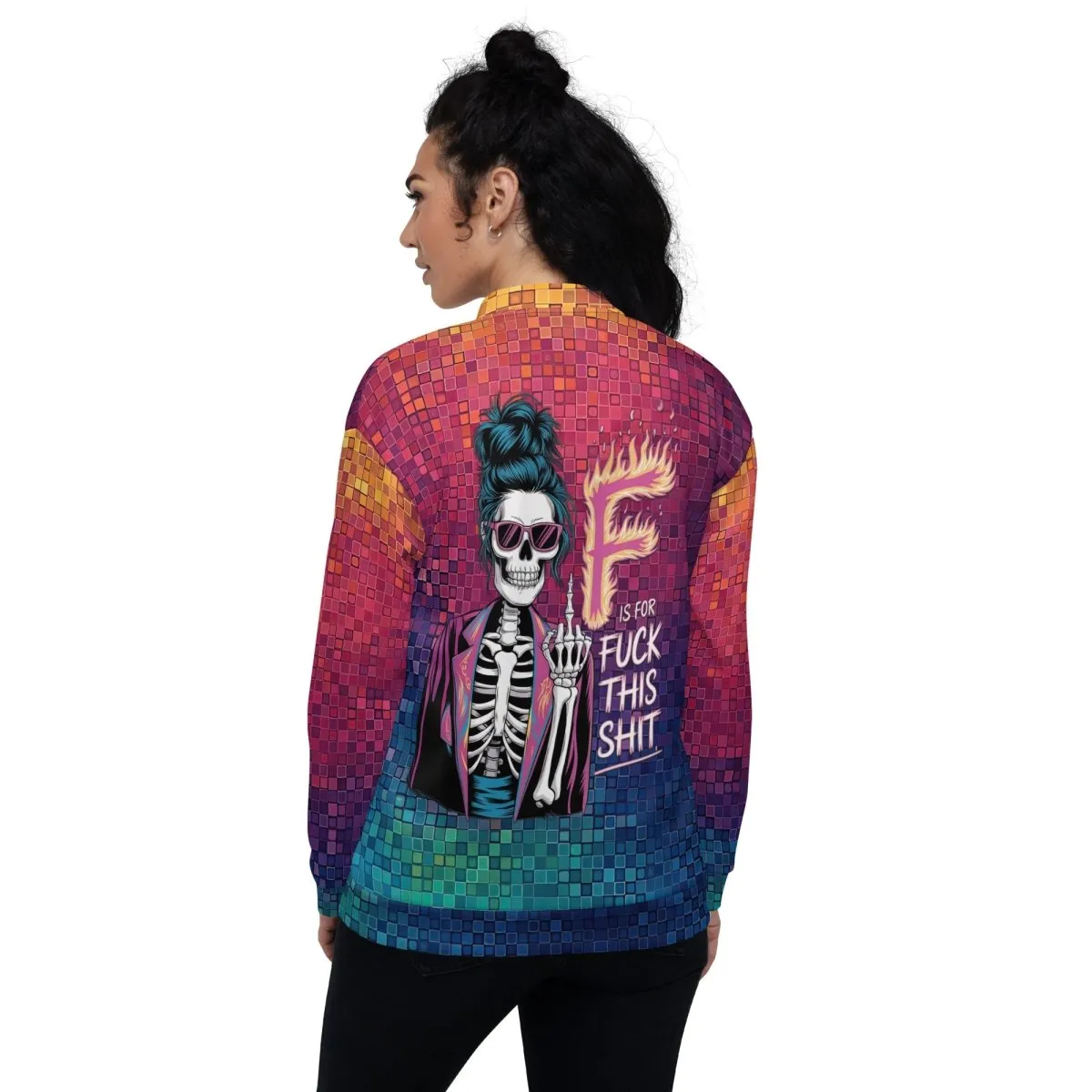Neon Pixel Design All-Over Print Bomber JacketPixelated Skeleton Graphic Bomber Jacket – Bold Statement Streetwear