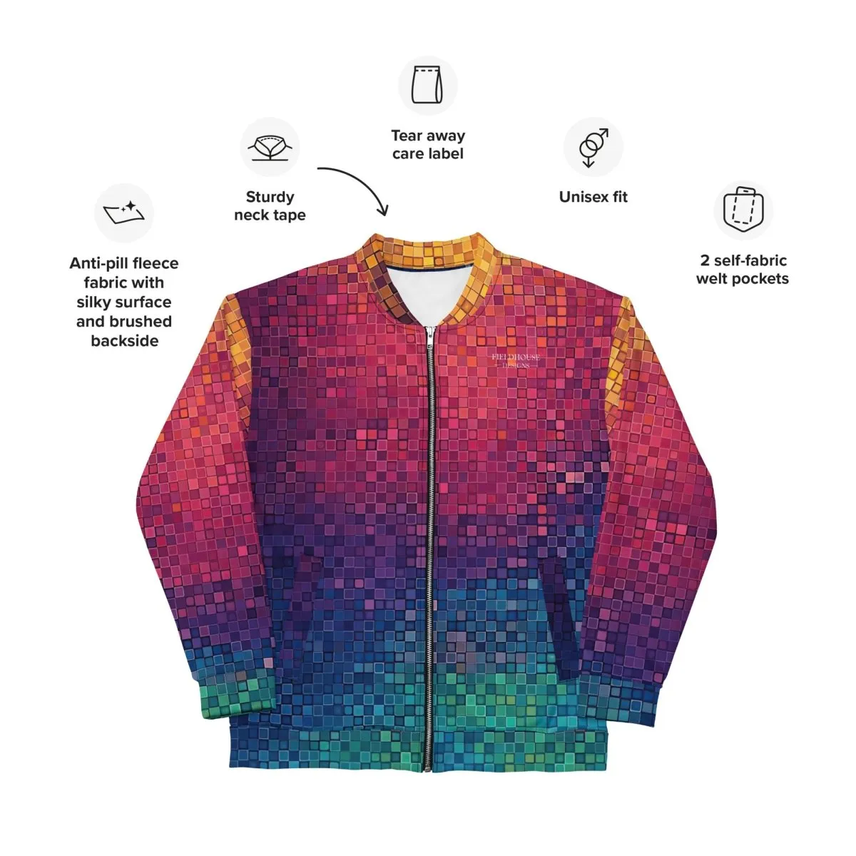 Neon Pixel Design All-Over Print Bomber JacketPixelated Skeleton Graphic Bomber Jacket – Bold Statement Streetwear