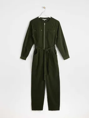 Olive green tie waist corduroy jumpsuit