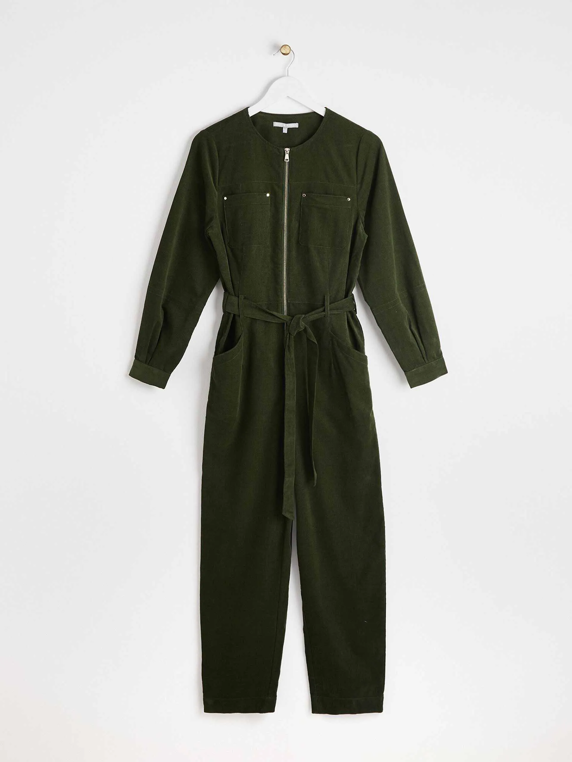 Olive green tie waist corduroy jumpsuit