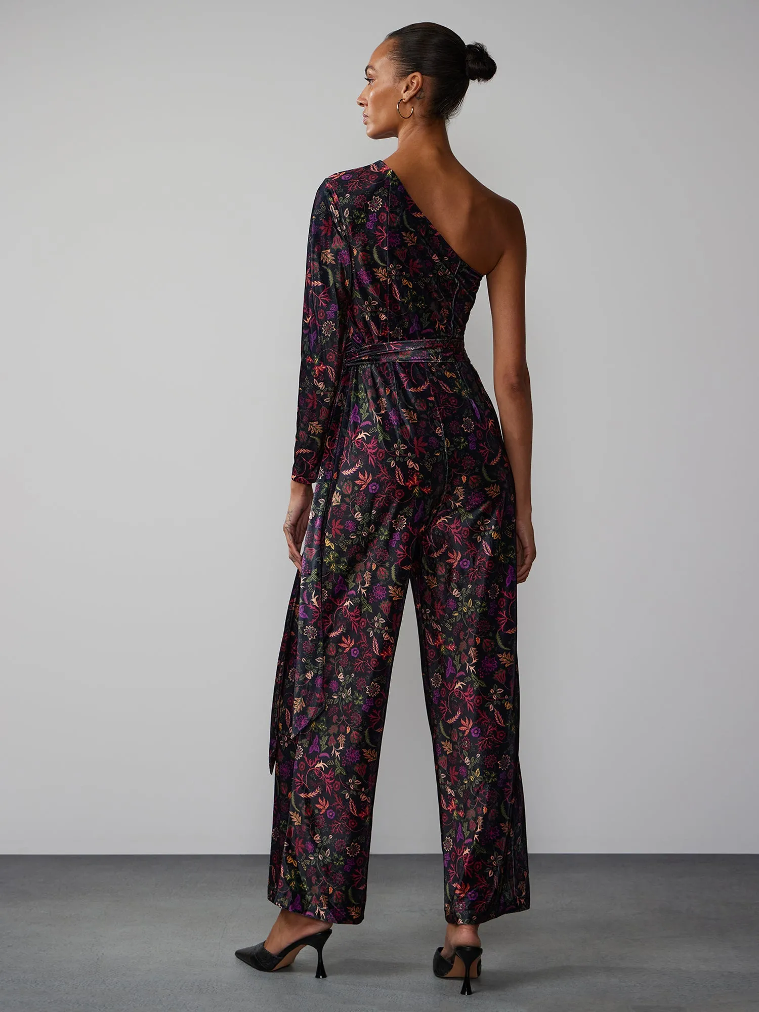 One Shoulder Ruched Velvet Floral Jumpsuit