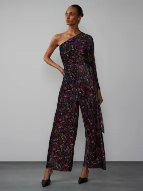 One Shoulder Ruched Velvet Floral Jumpsuit