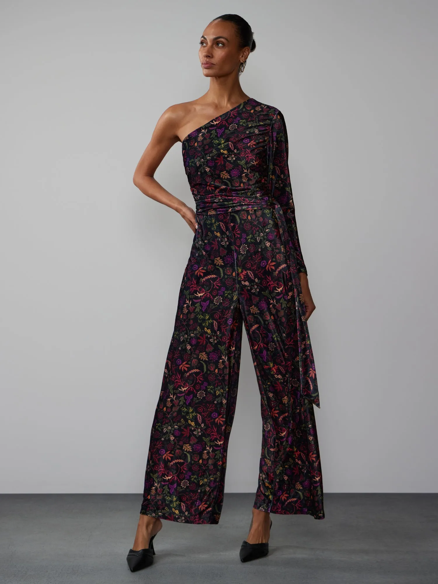 One Shoulder Ruched Velvet Floral Jumpsuit