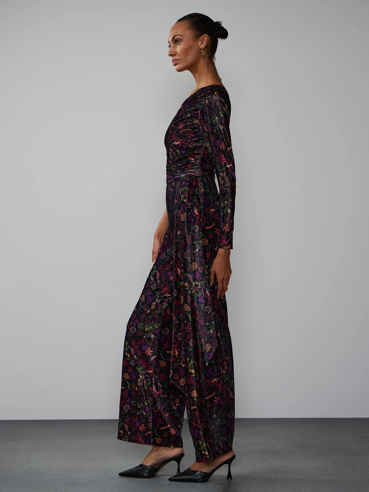 One Shoulder Ruched Velvet Floral Jumpsuit