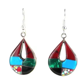 Open Alpaca Silver Teardrop Diagonal Mosaic Stone Earrings Artisana