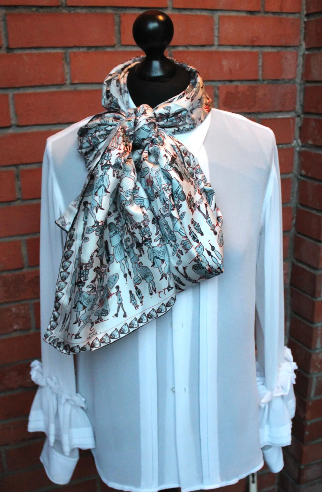 'People Watching' Grey, Red, White, 100% Silk Twill, Long Rectangular Scarf
