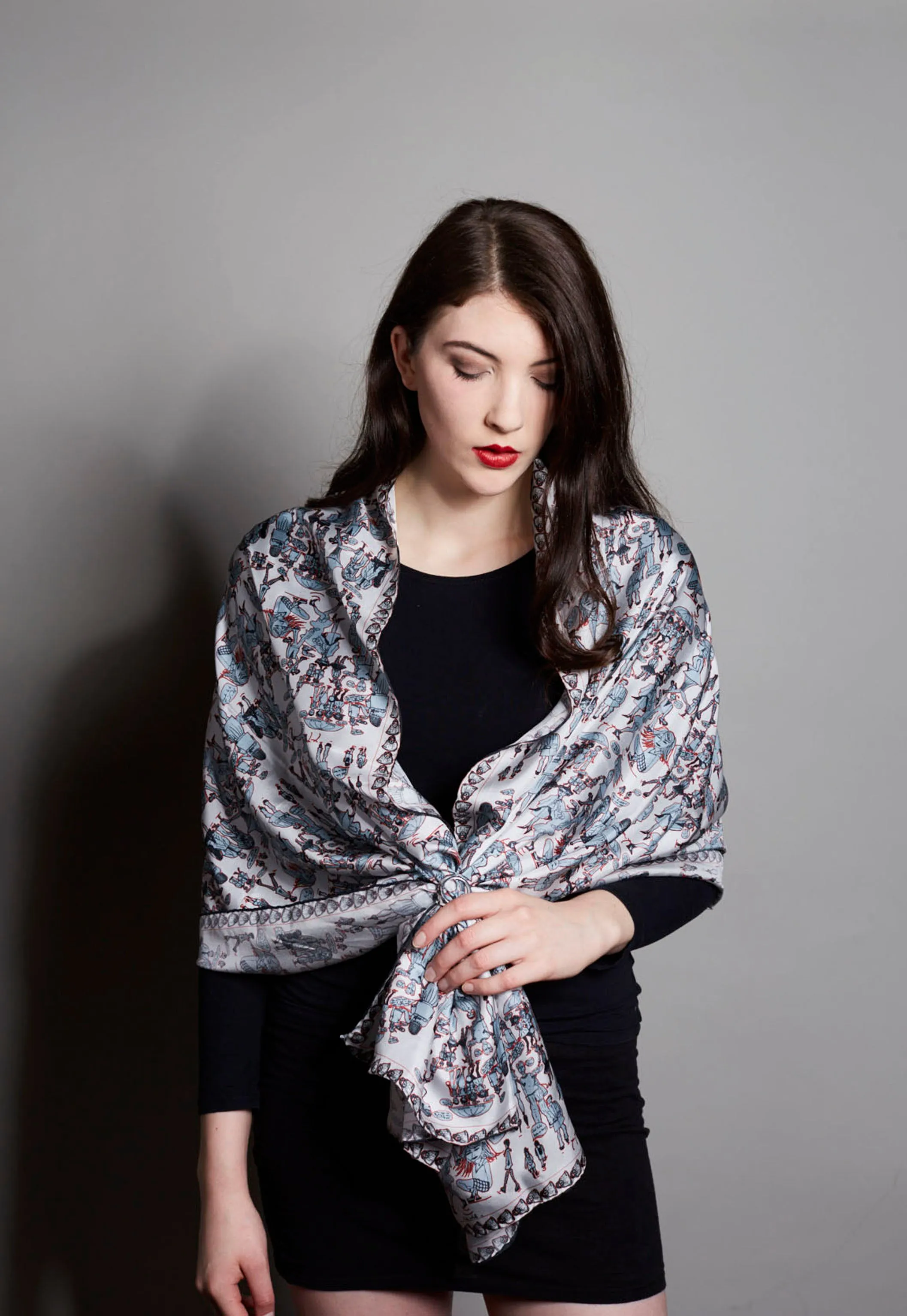 'People Watching' Grey, Red, White, 100% Silk Twill, Long Rectangular Scarf