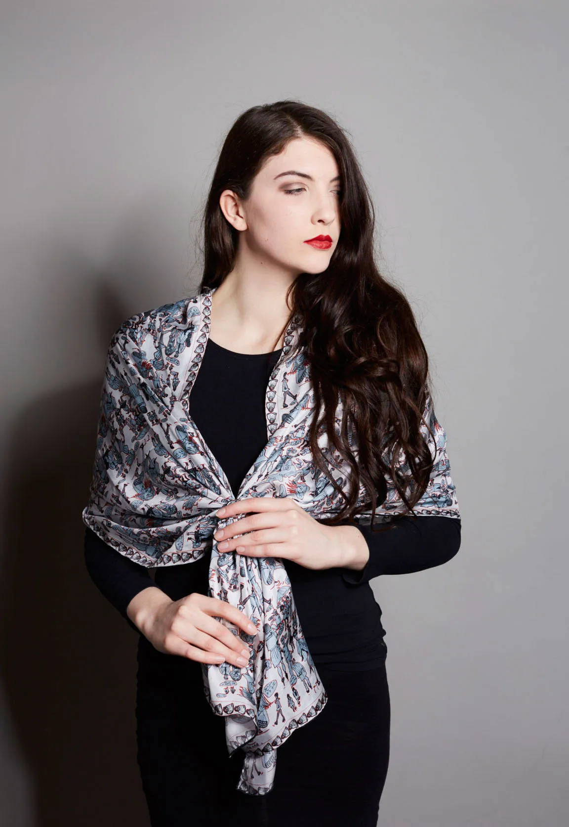 'People Watching' Grey, Red, White, 100% Silk Twill, Long Rectangular Scarf