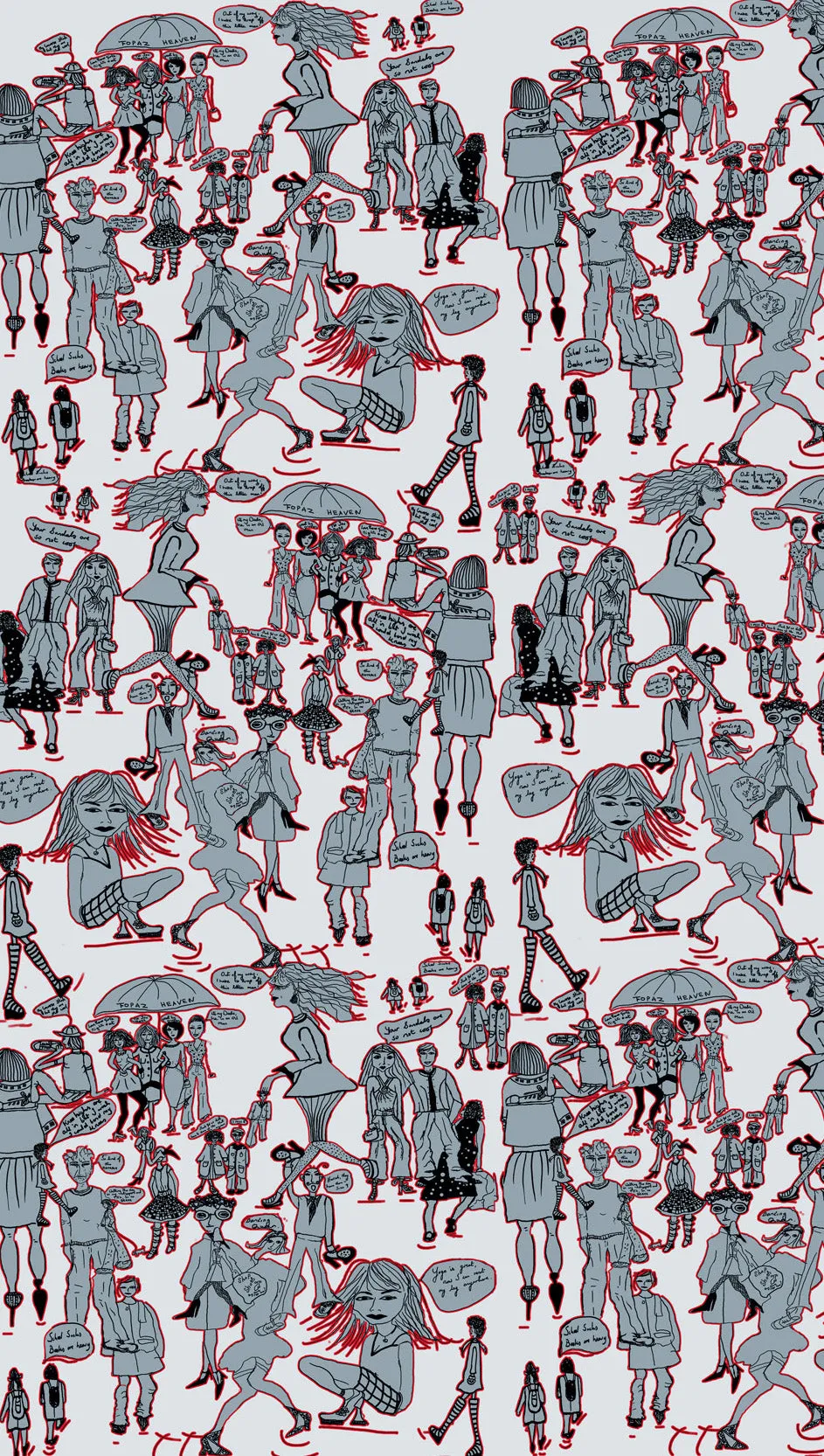 'People Watching' Grey, Red, White, 100% Silk Twill, Long Rectangular Scarf