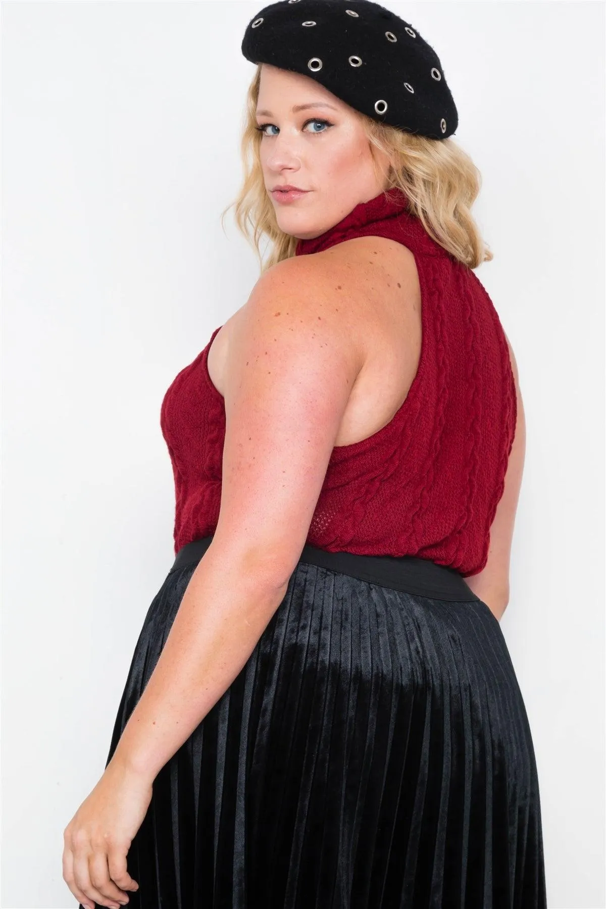 Plus Size Burgundy Cable Knit Turtleneck Sleeveless Bodysuit /2-2-2