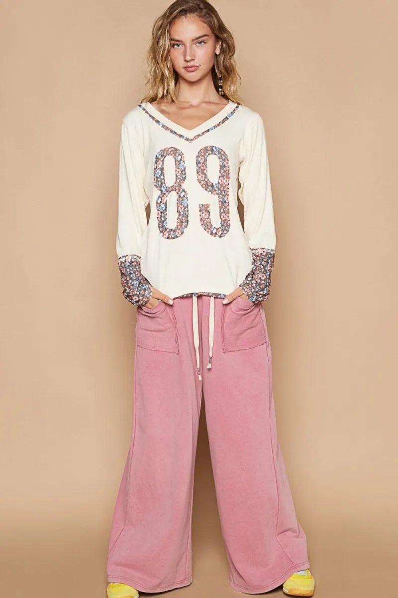 POL V-Neck Long Sleeve Floral Number Patch T-Shirt