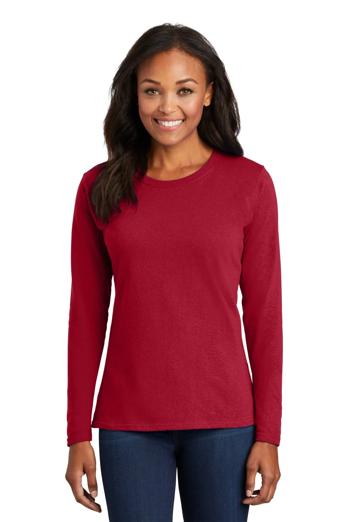 Port & Company Ladies Long Sleeve Customized Core Cotton Tee's, Red