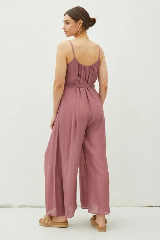 Raisin Lightweight Tie Belt Wide Leg Cami Jumpsuit