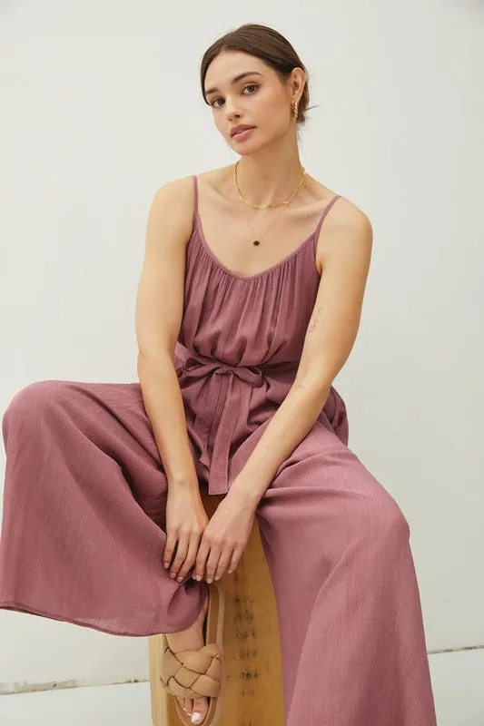 Raisin Lightweight Tie Belt Wide Leg Cami Jumpsuit