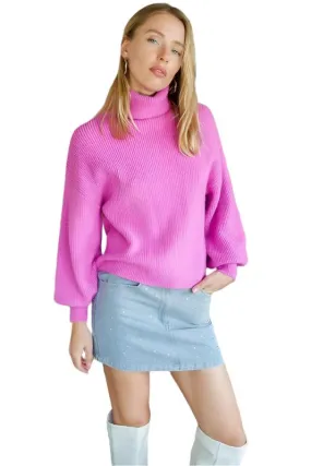Rib Knitted Turtleneck Sweater with Bishop Sleeve