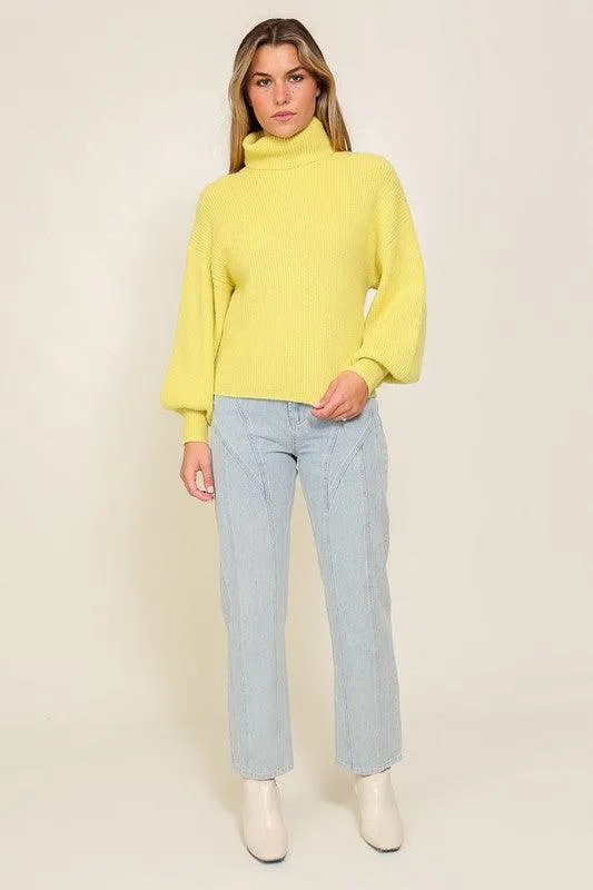 Rib Knitted Turtleneck Sweater with Bishop Sleeve