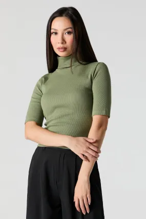 Ribbed Knit Turtleneck Short Sleeve Top