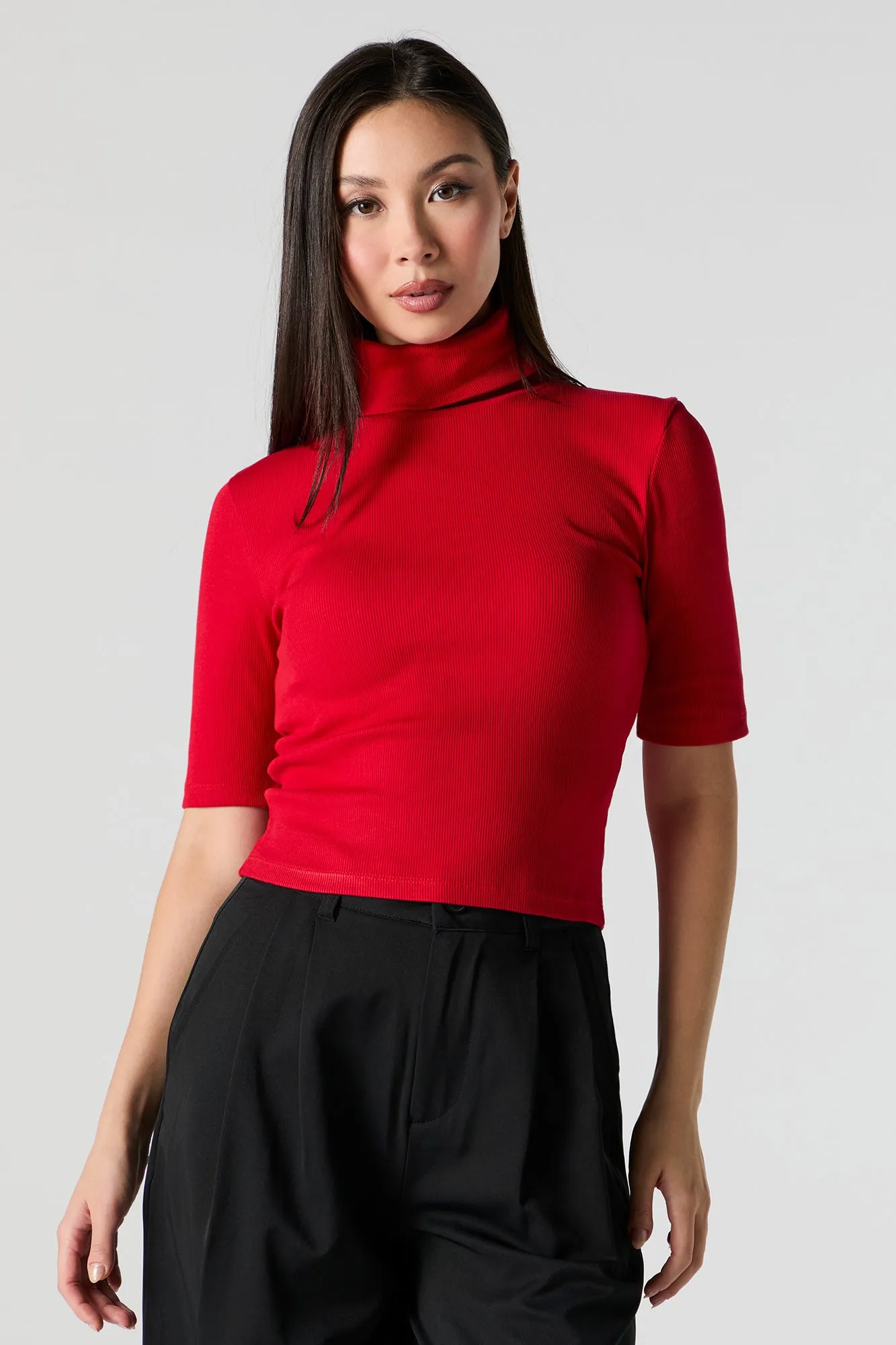 Ribbed Knit Turtleneck Short Sleeve Top