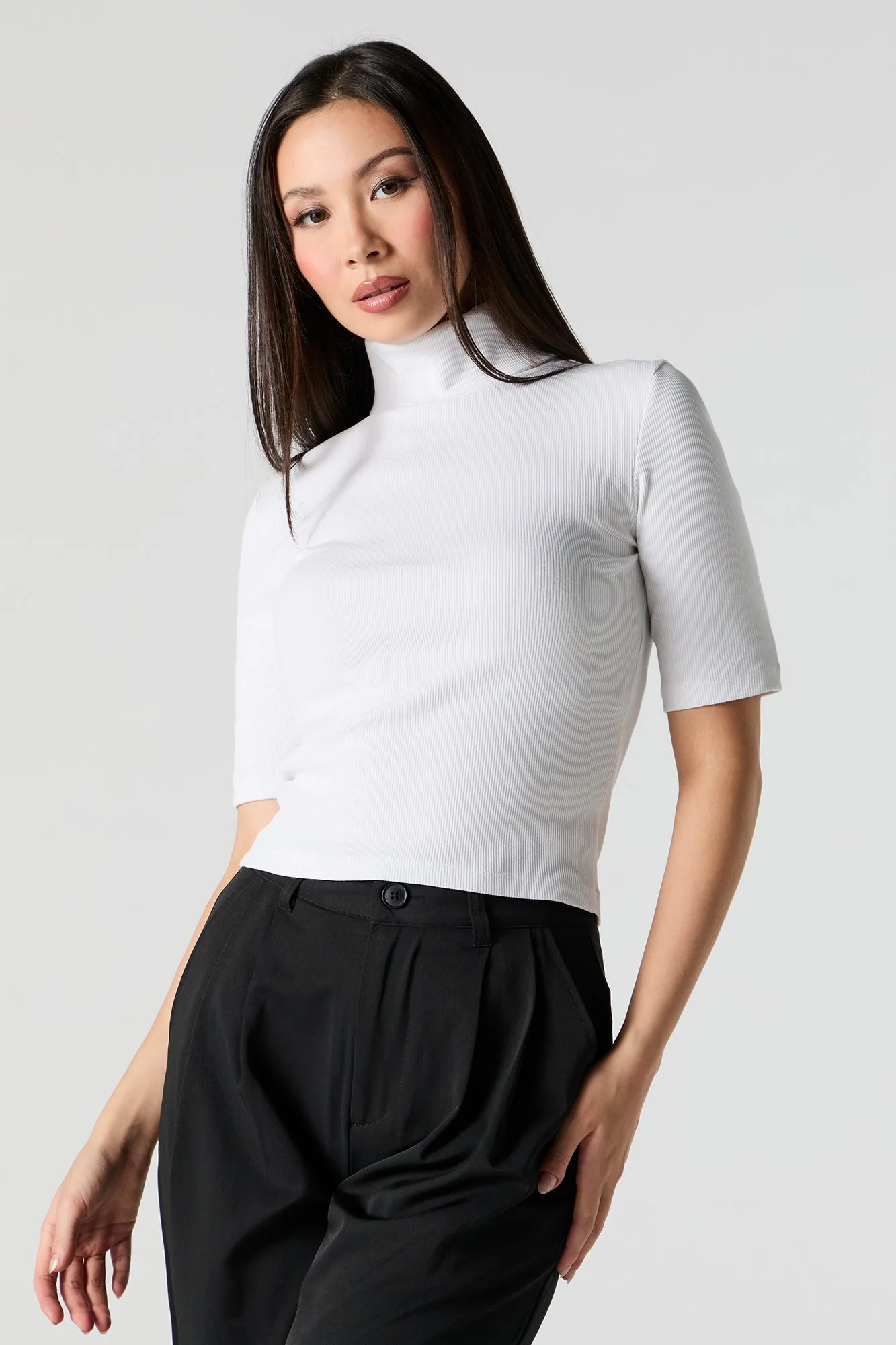 Ribbed Knit Turtleneck Short Sleeve Top