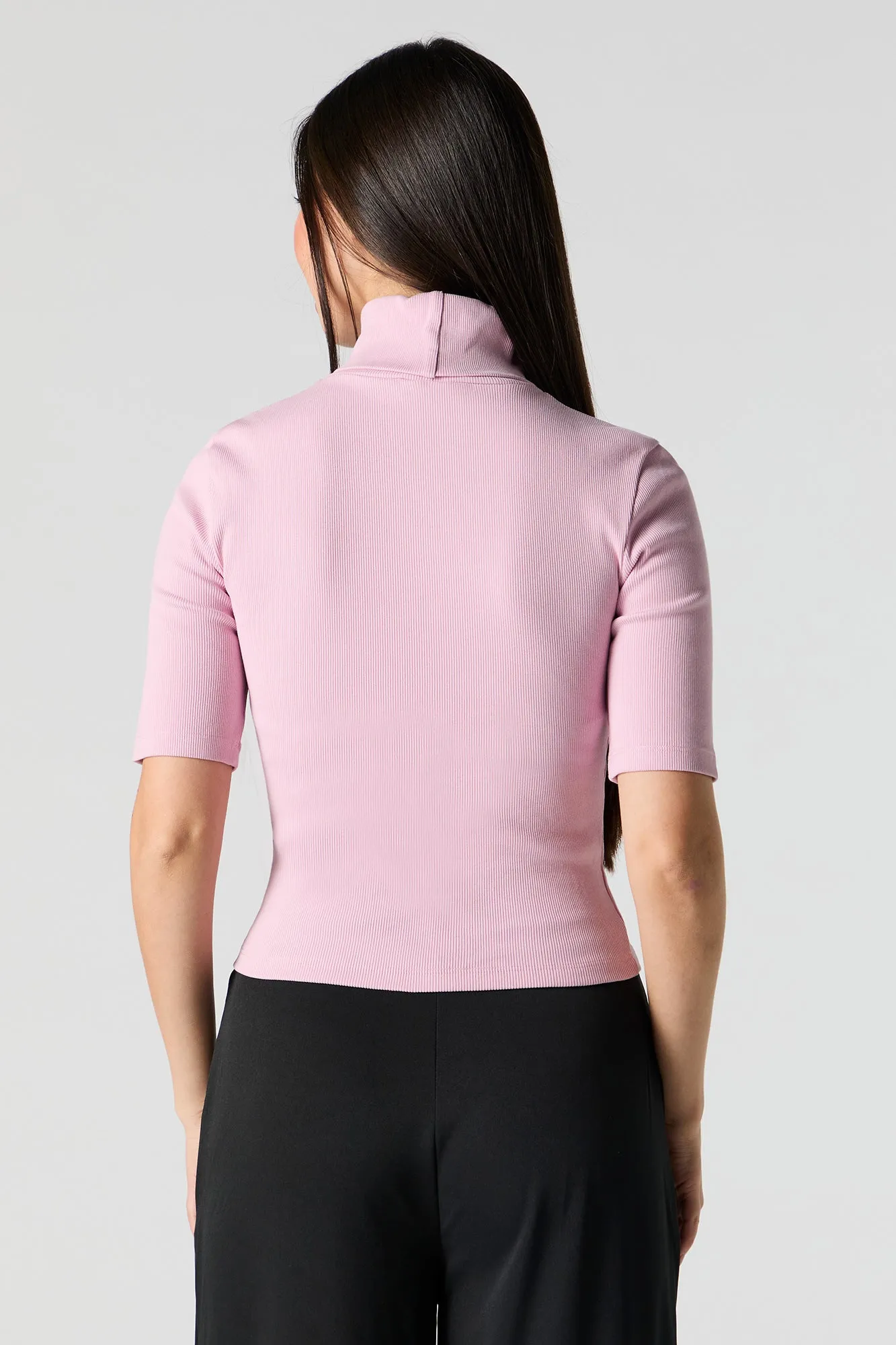 Ribbed Knit Turtleneck Short Sleeve Top