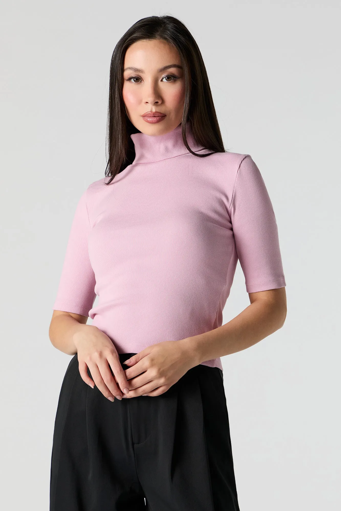 Ribbed Knit Turtleneck Short Sleeve Top