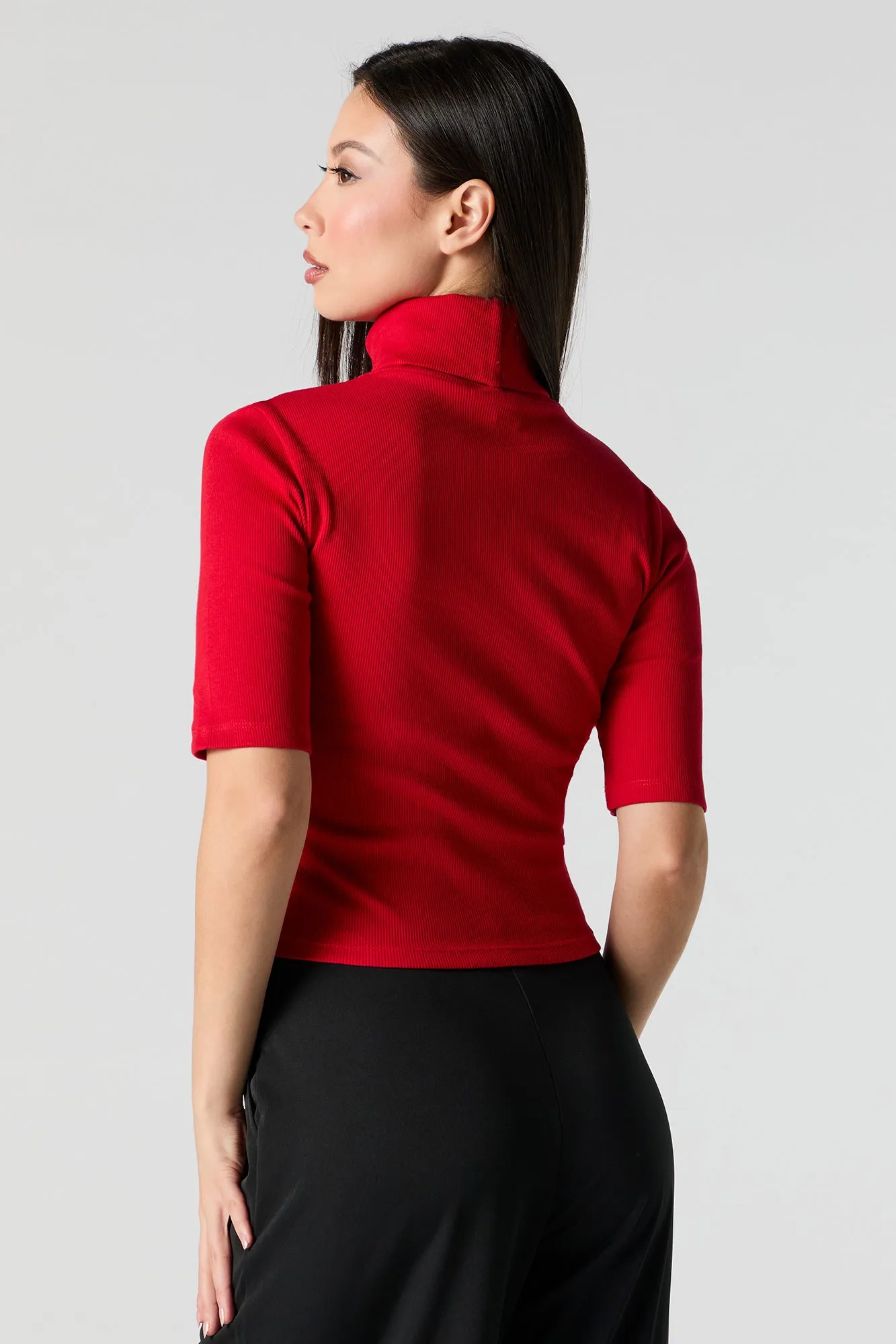 Ribbed Knit Turtleneck Short Sleeve Top