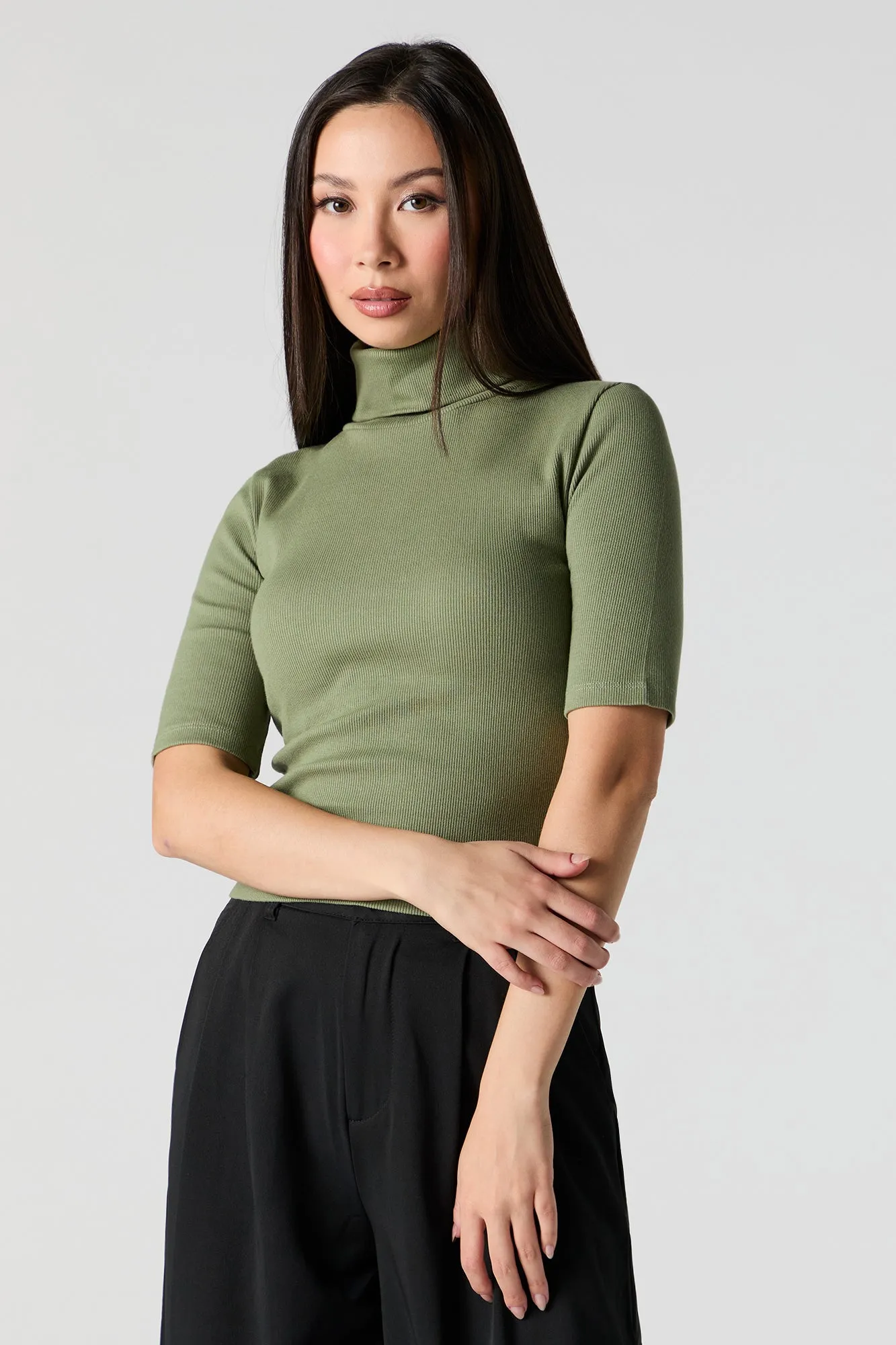 Ribbed Knit Turtleneck Short Sleeve Top