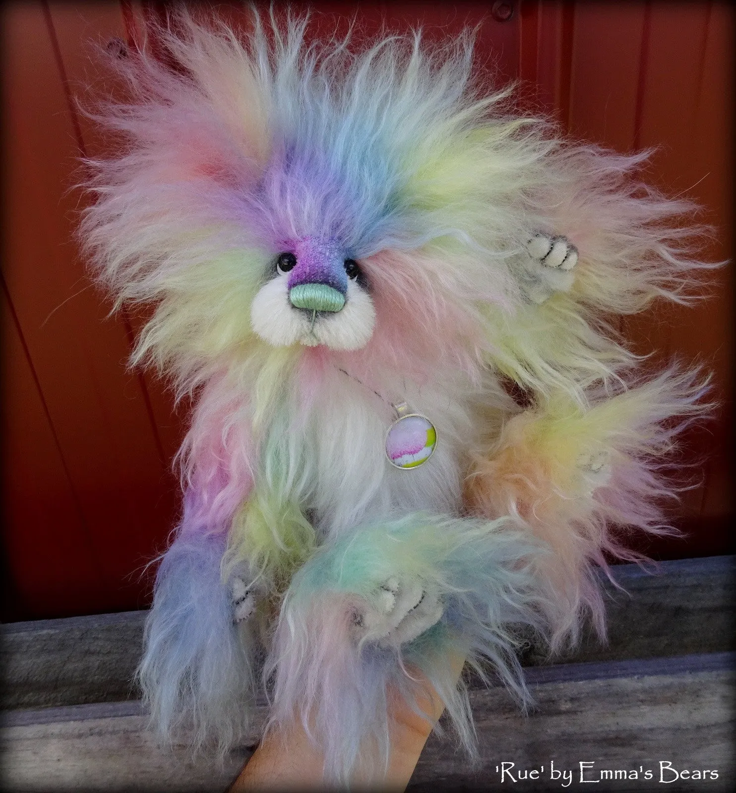 Rue - 11" rainbow long pile mohair bear by Emmas Bears - OOAK