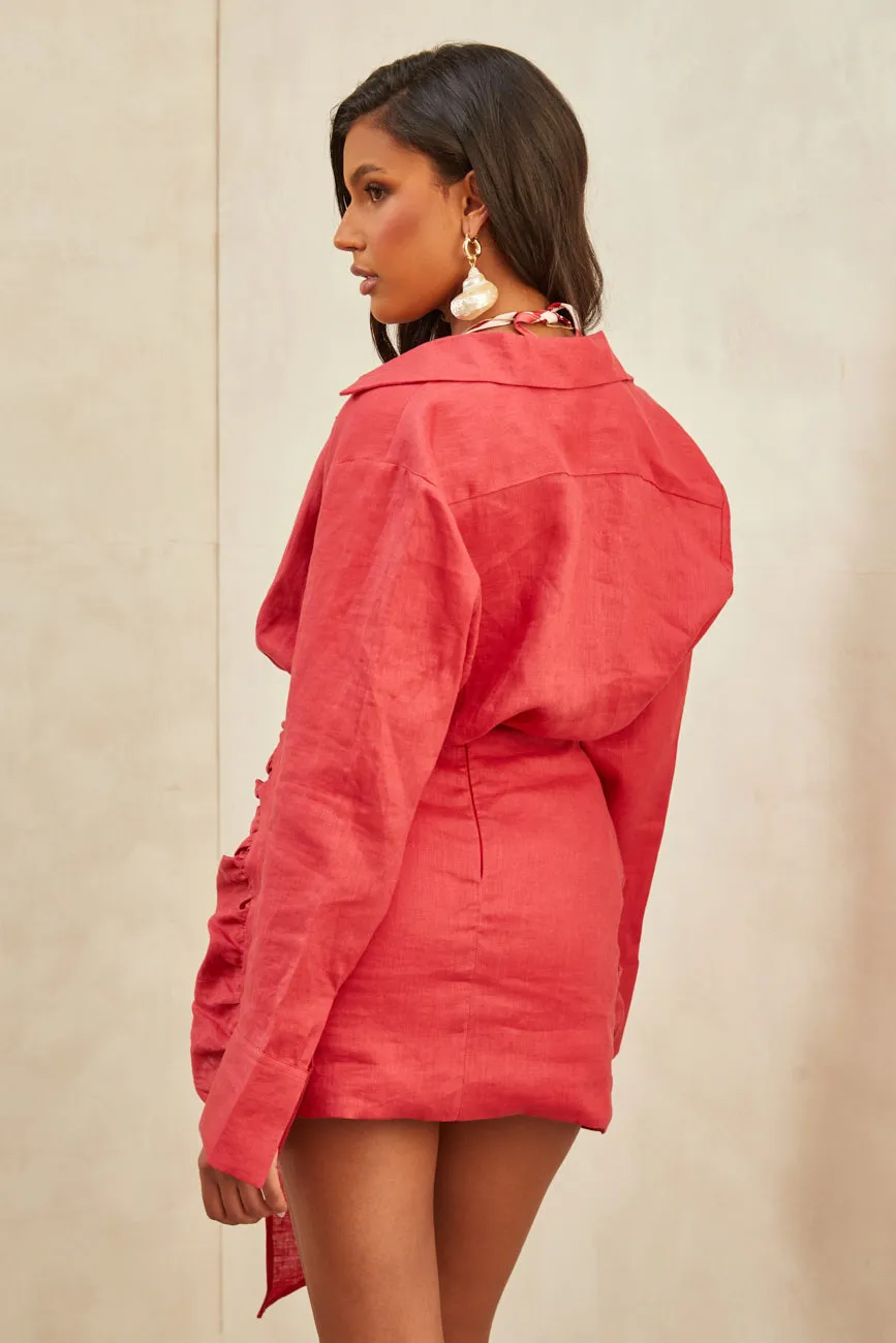 Sal Linen Tie Front Skirt Red
